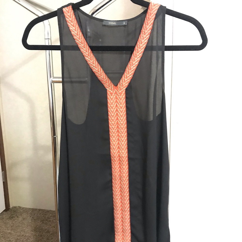 THML black sheer embroidered flowy tank top.